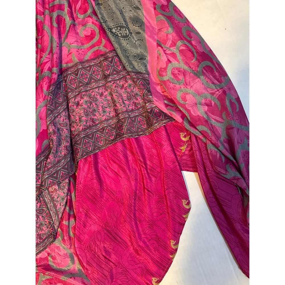 Vintage Asymmetrical Silk Dress Pink Mixed Prints Smocked Bust Womens Small - Picture 7 of 8